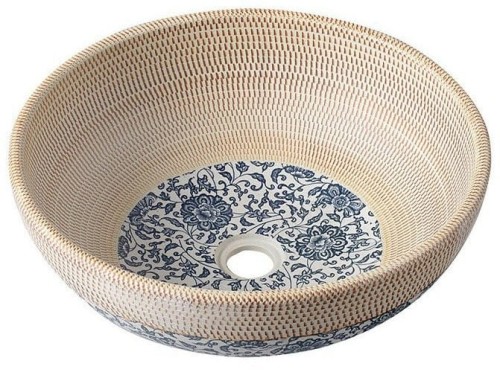 PRIORI umywalka ceramiczna, średnica 41 cm, beżowa z niebieskim wzorem