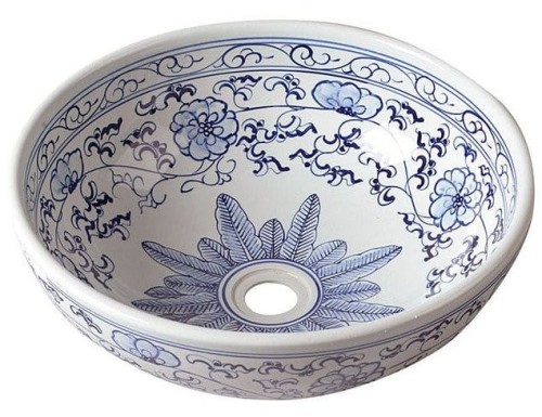 PRIORI umywalka ceramiczna, średnica 41 cm, biała z niebieskim wzorem